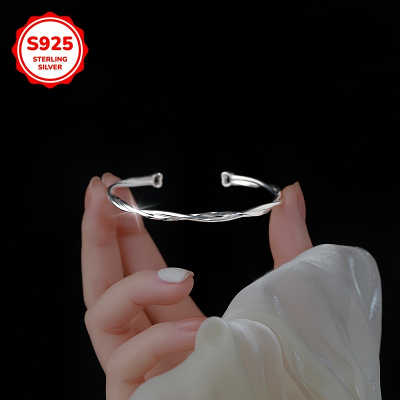 925 Minimalist Twisted Line Heart-Entwined Open Bangle Bracelet